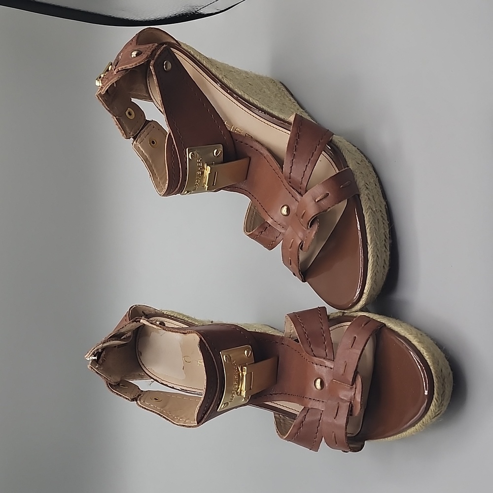 Marc Fisher Brass Logo Accent Wedge Rope Sandalsβ Tan Size 8.5.
